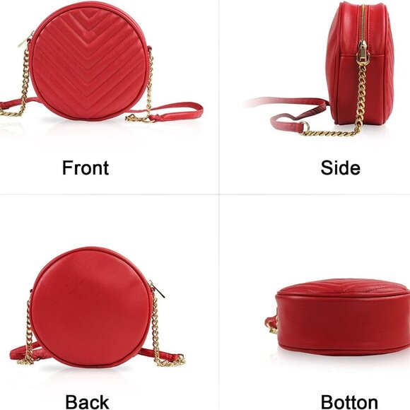 Round Crossbody Bag for Women,PU Leather Shoulder Bag with Metal Chain Strap, Ce - Picture 7 of 8